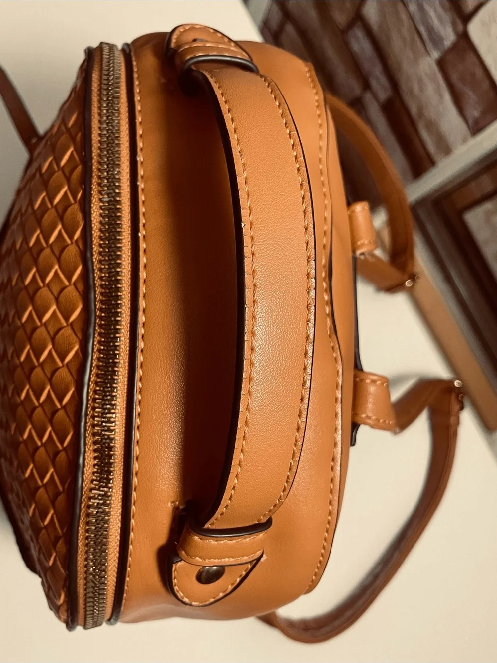 Woven Leather-Style Backpack - Brown Vegan leather